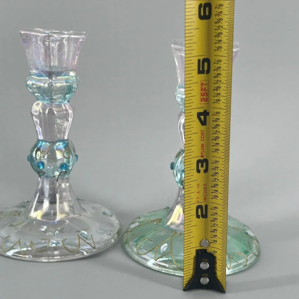 Iridescent Art Glass Candlestick Holders Hand Painted Gold Filigree Set of 2
